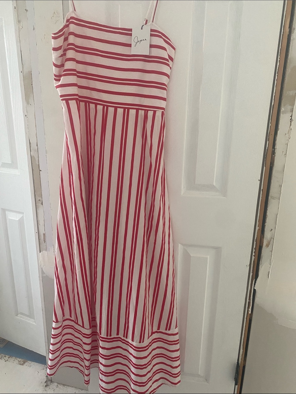 Red and white striped maxi dress spaghetti strap with pockets        size large